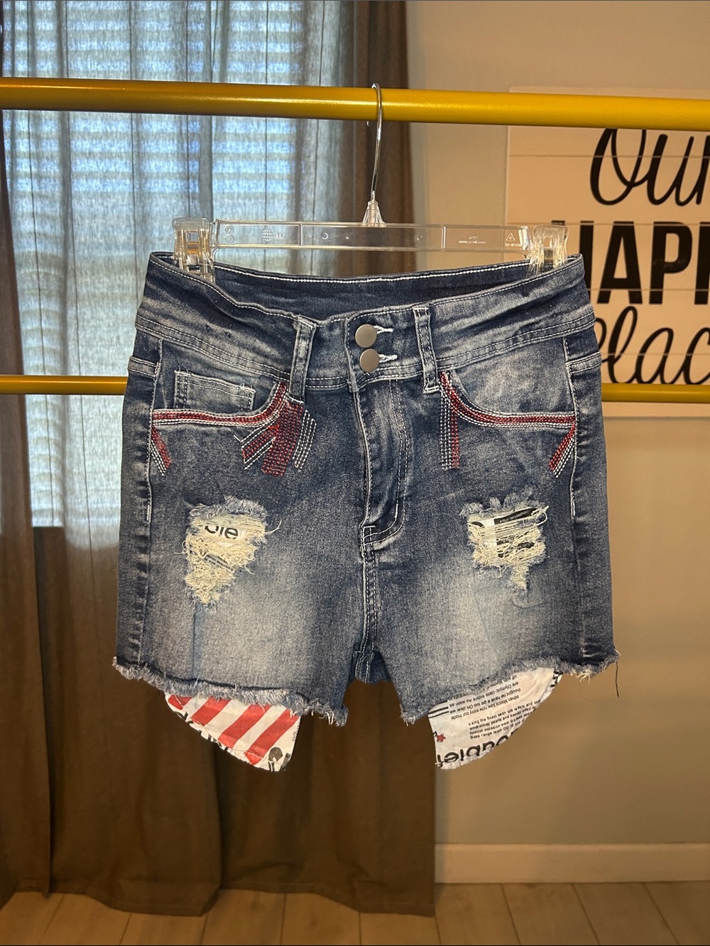Distressed Dark Blue Denim Jean Shorts with Contrast Pocket Trim